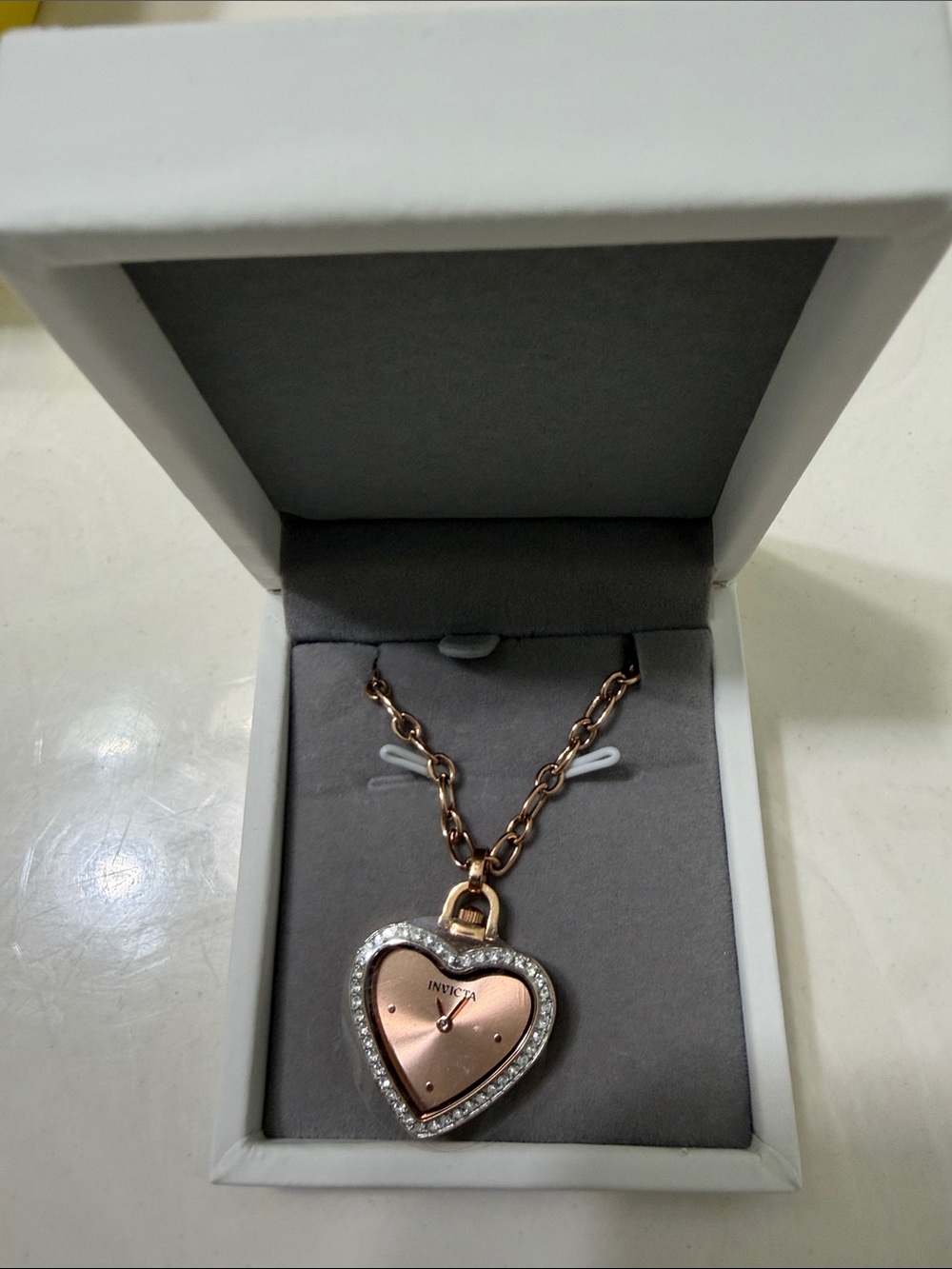 Invicta Rose Gold Heart Watch Pendant Necklace with Crystal Halo nwt